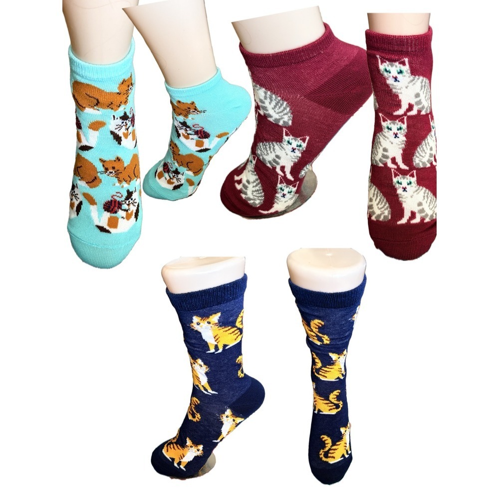 HYP Womens Cat Graphic Socks 3 Pairs Navy Maroon Teal Ankle Crew Shoe Size 4-10
